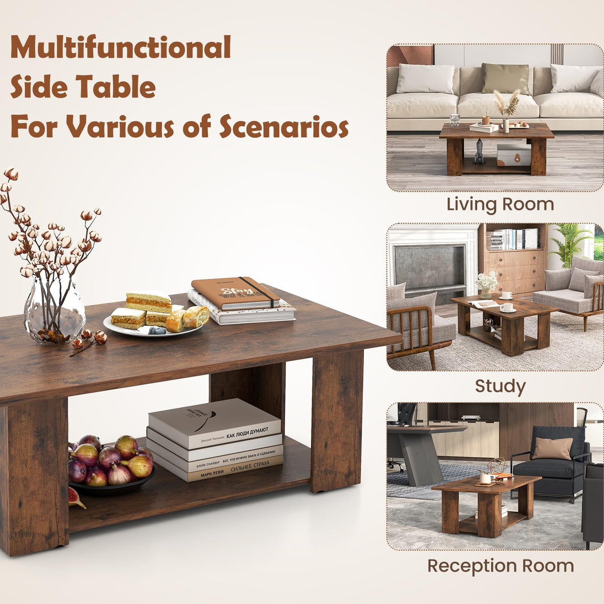 Goflame Rectangle Wood Center Table, 41" L 2-Tier Large Modern Tea Table w/Open Compartment