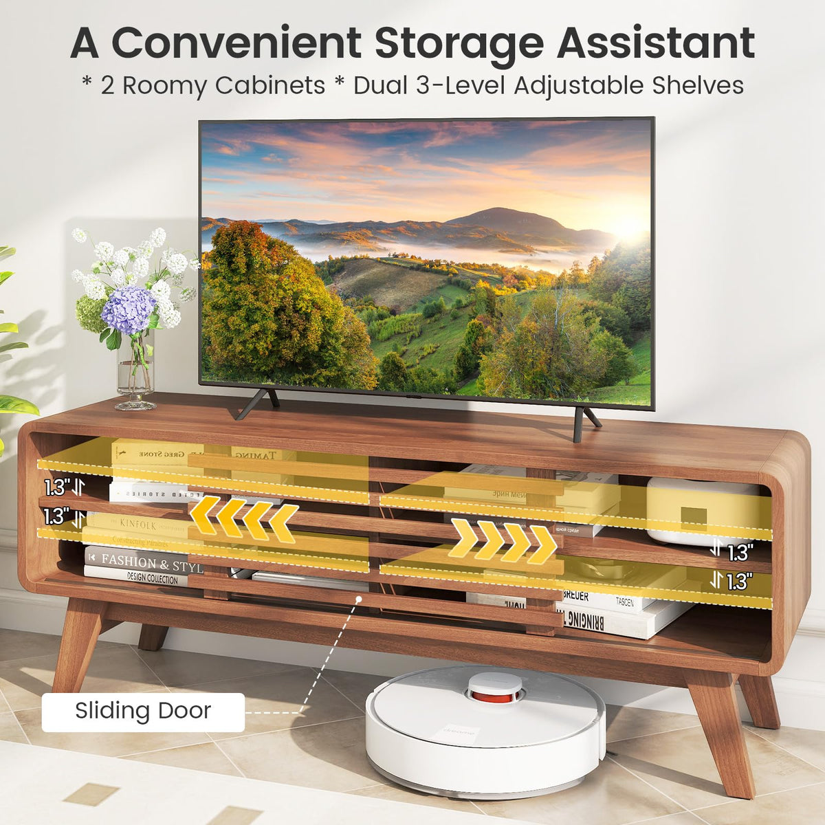 Goflame TV Stand for TVs up to 55" with Sliding Door and Adjustable Shelves for Living Room