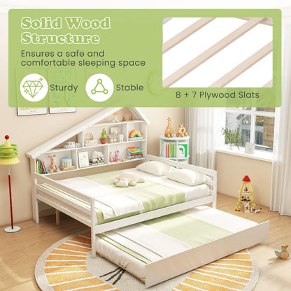 Goflame Full House Bed with Twin Trundle, Wood Daybed with 5 Cube Storage Bookcase & Headboard
