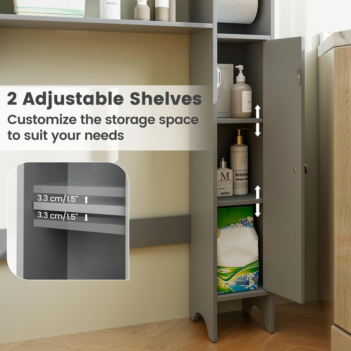 Goflame Over-The-Toilet Storage Cabinet, Bathroom Freestanding Space Saver with 1-Door Side Storage Cabinet & Paper Holder