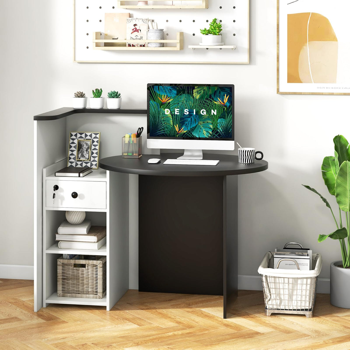 Goflame Reception Desk, Front Counter Desk with Lockable Drawer, Checkout Table with Round Tabletop