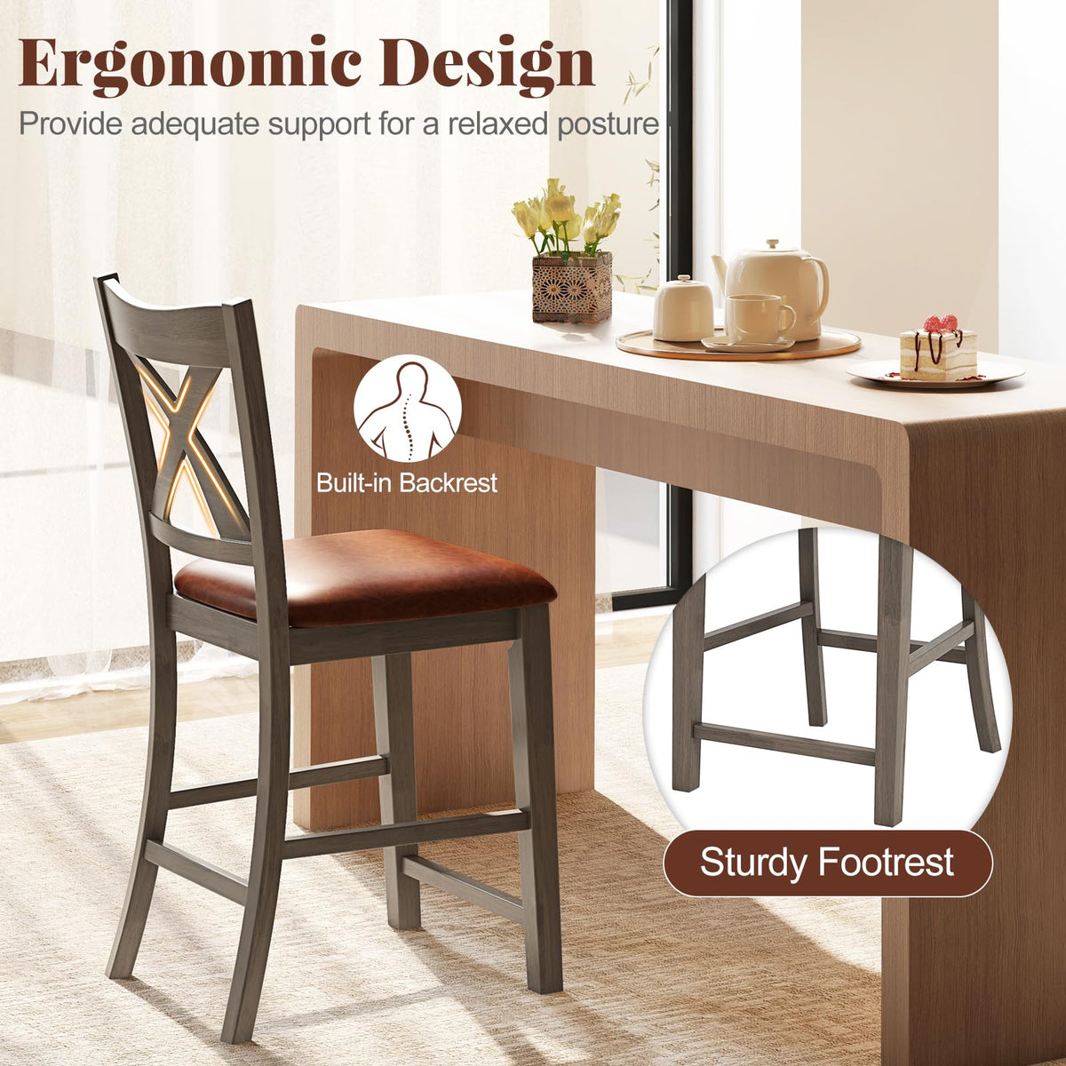 Goflame 24" Bar Stools Set of 2/4, Counter Height Bar Stools with Cross Back & Faux Leather Upholstered Seat