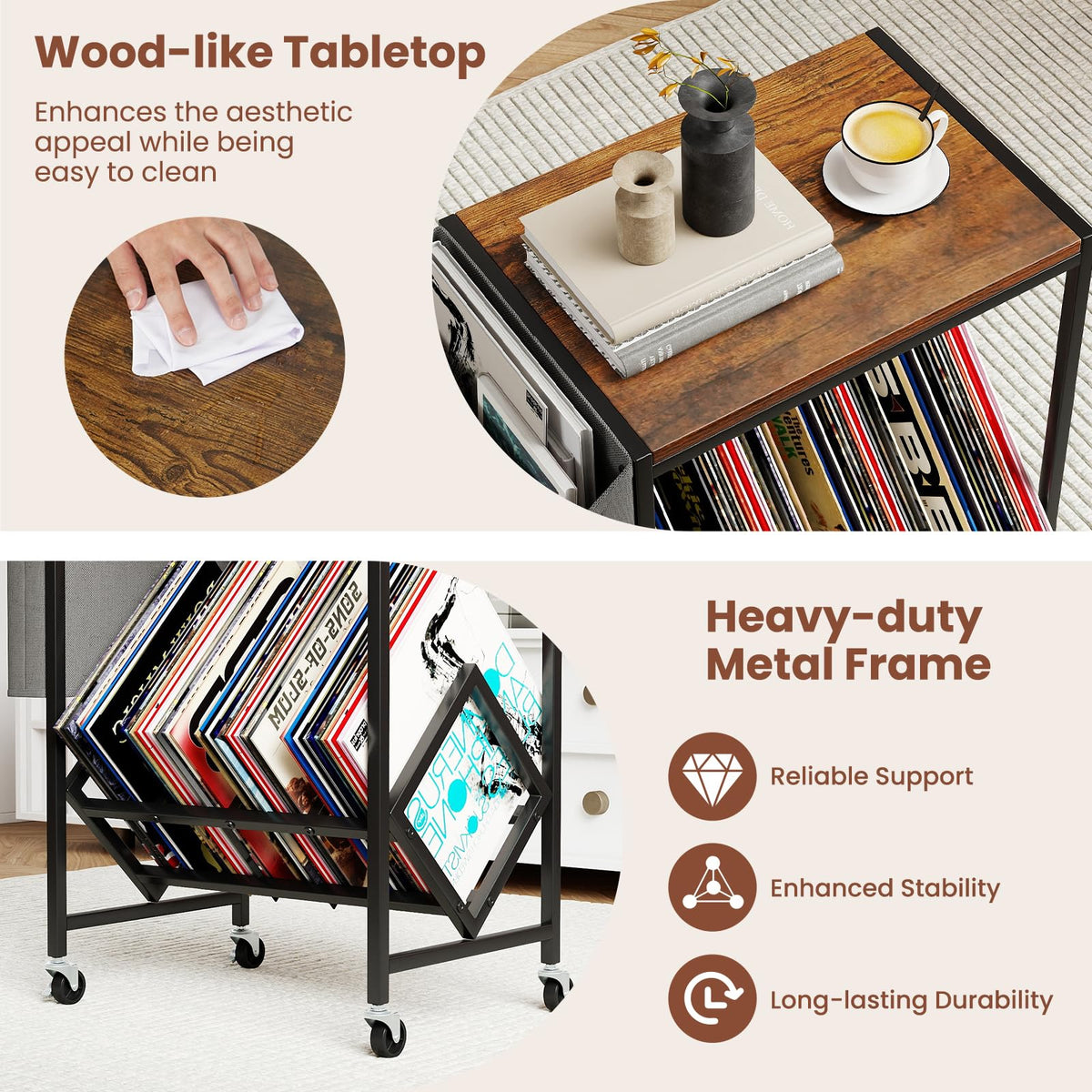 Goflame Rolling Record Player Stand 2-Tier with Vinyl Storage and Magazine Holder Bag