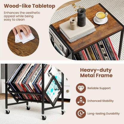 Goflame Rolling Record Player Stand 2-Tier with Vinyl Storage and Magazine Holder Bag