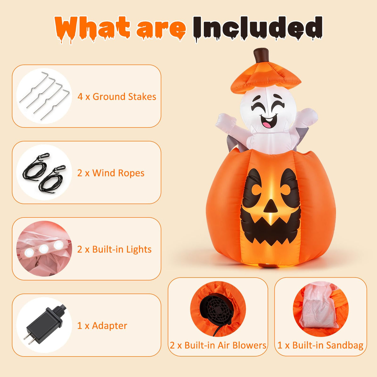 5 FT/150 CM Animated Halloween Inflatable Pumpkin and Rising Ghost