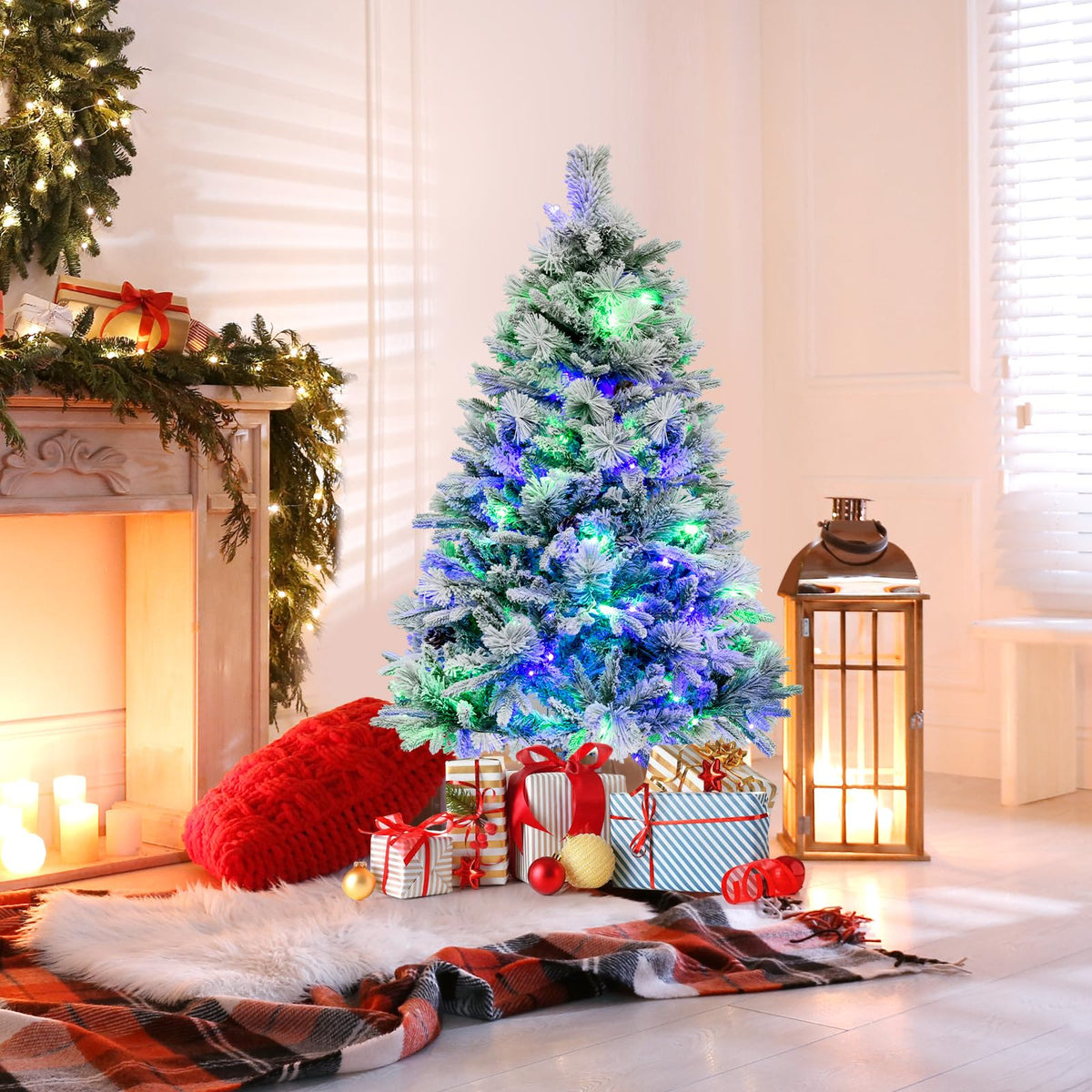 Goflame Pre-Lit Snow Flocked Christmas Tree, Artificial Hinged Xmas Tree with 160 Multi-Color LED Lights
