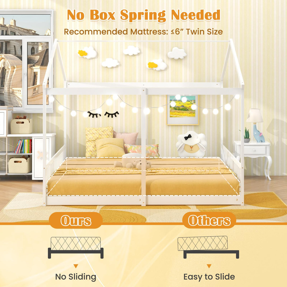Goflame Double Twin Floor Beds for 2 Kids, Wood Twin Size House Beds with Safety Guardrails, White