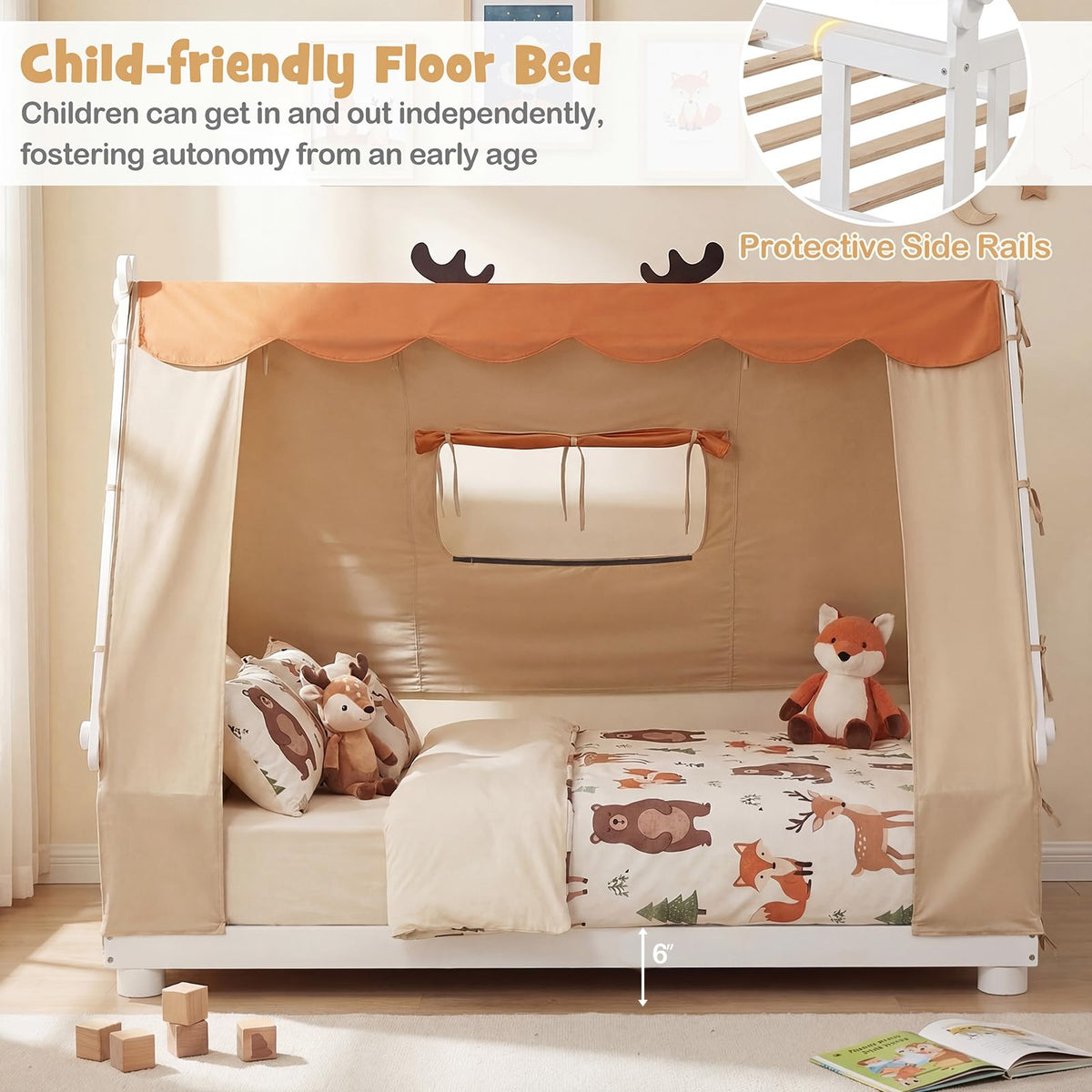 Goflame Twin Size House Floor Wood Bed with Tent