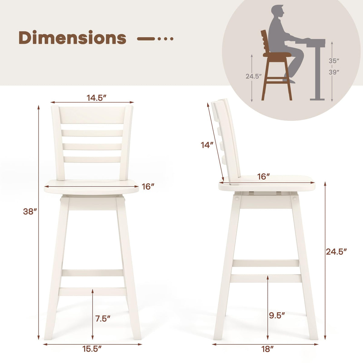 Goflame Wood Bar Stools, Swivel Counter Height Bar Stools with Slatted Hollow Back & Ergonomic Contoured Seat
