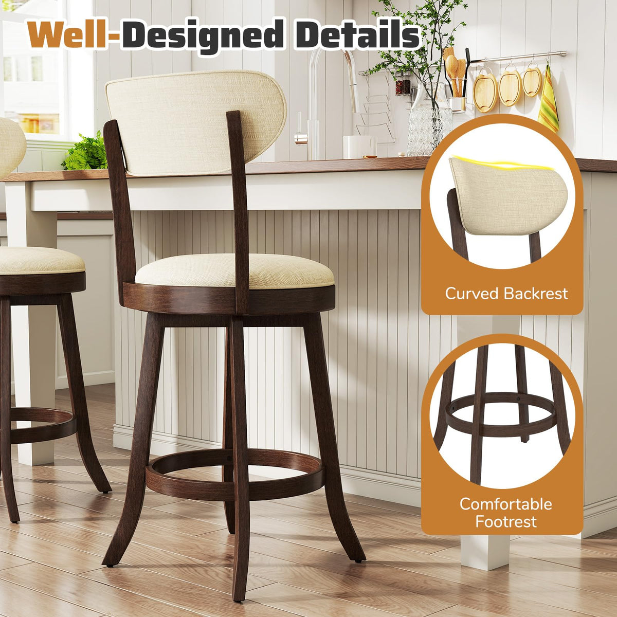 Goflame 25.5" Counter Height Upholstered Linen Barstools