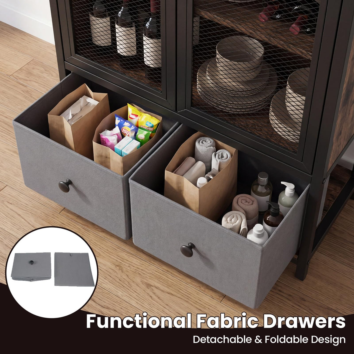 Goflame Industrial Coffee Bar Cabinet with Adjustable Shelves & 2 Removable Cloth Drawers