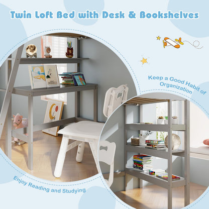 Goflame Loft Bed with Desk & Bookshelves
