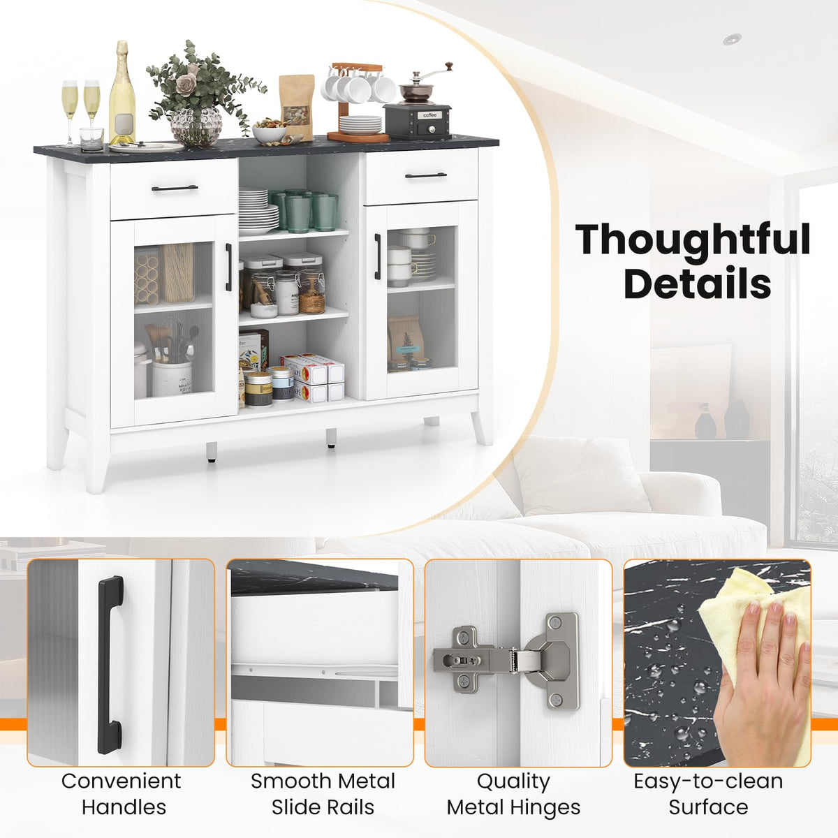 Goflame Sideboard Buffet Cabinet with 2 Drawers, Kitchen Storage Cabinet w/2 Doors, Open Compartments