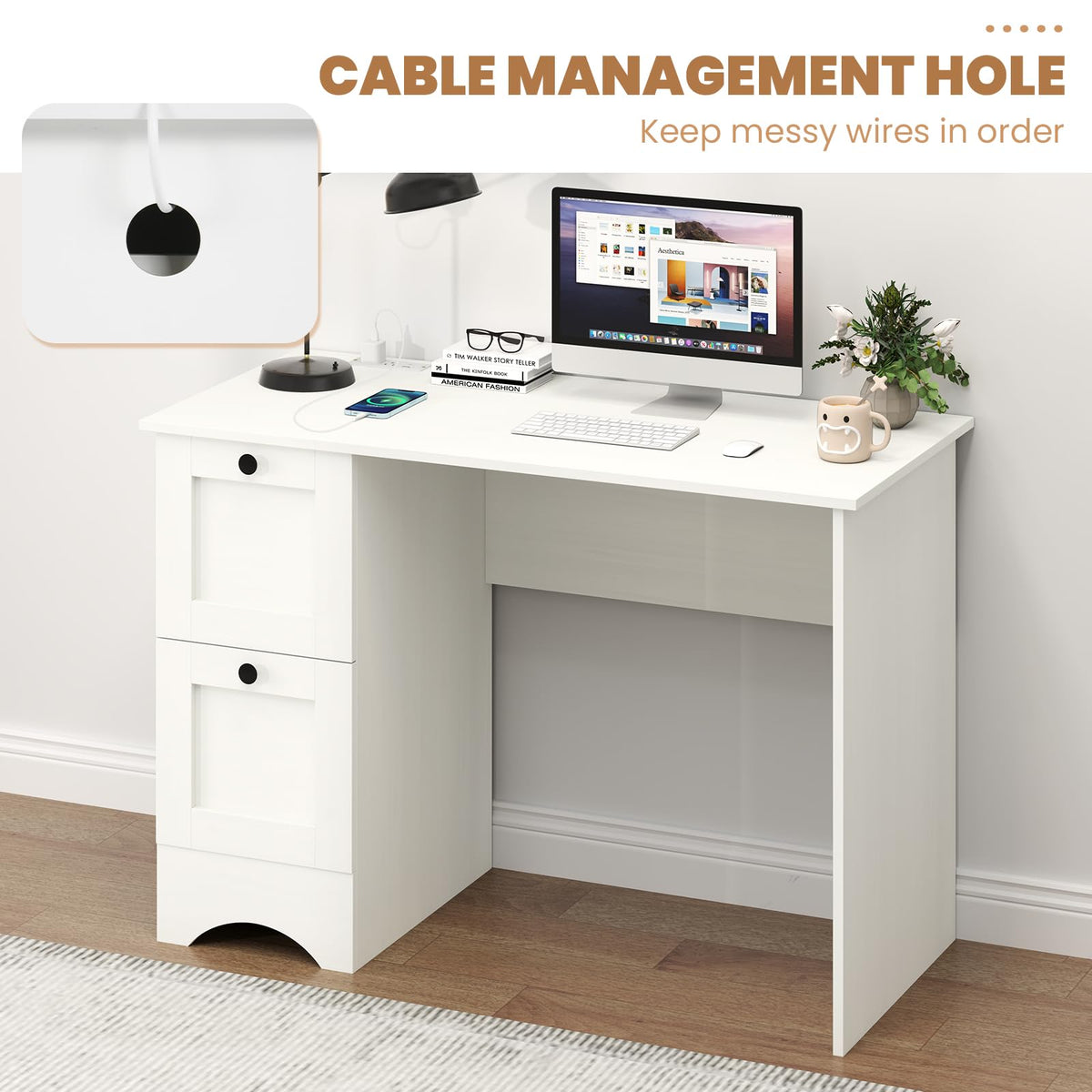 Goflame White Desk with 2 Drawers, 43” Wooden Home Office Desk with Charging Station