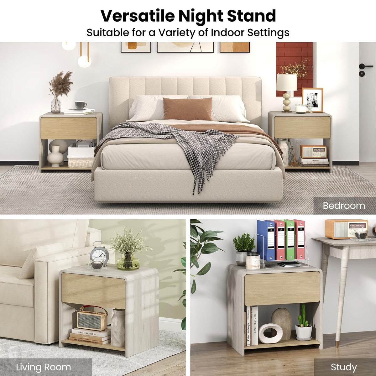 Goflame Modern Nightstand with Drawer Set of 1/2 Storage Open Shelf
