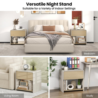 Goflame Modern Nightstand with Drawer Set of 1/2 Storage Open Shelf