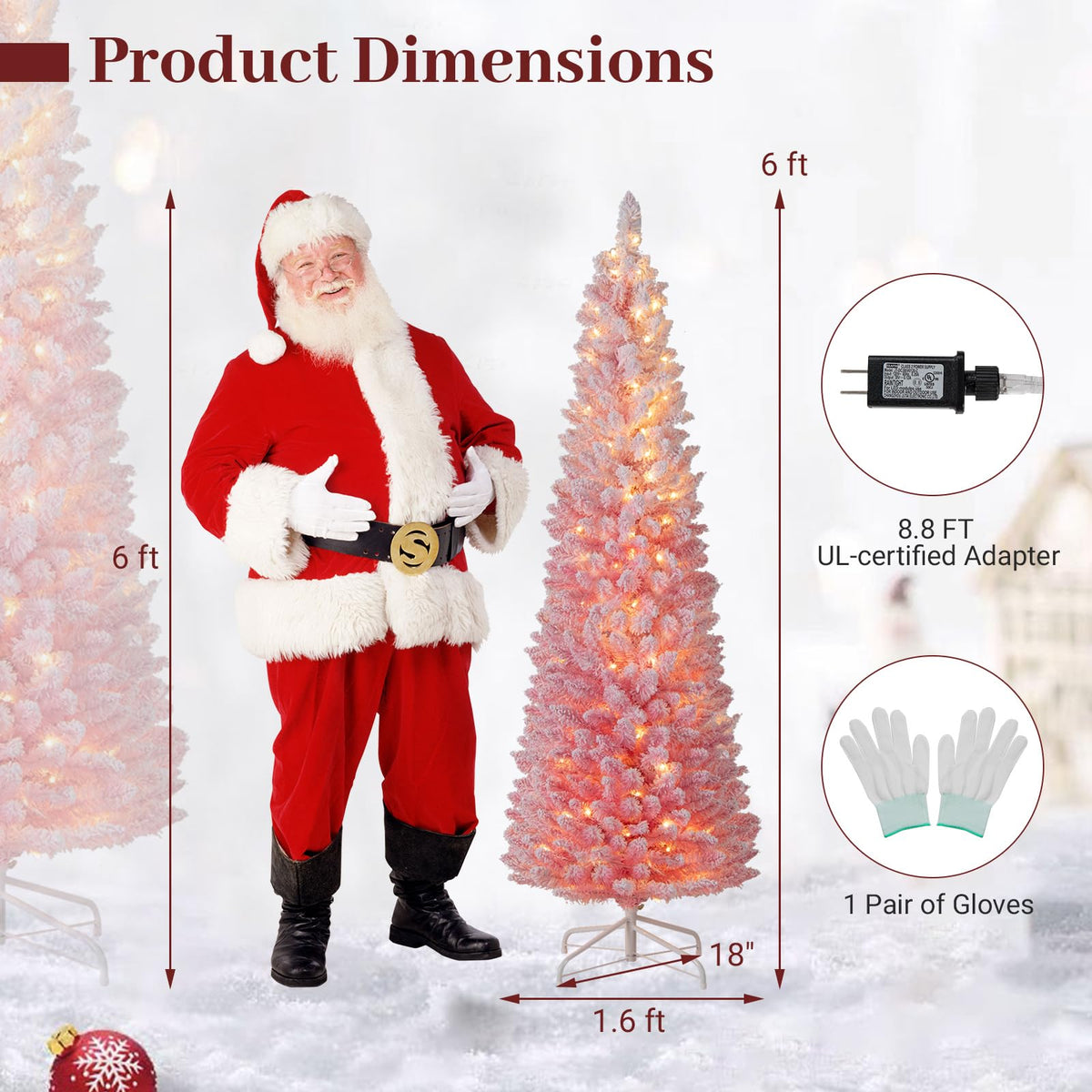 Goflame 6ft / 7ft Pink Slim Pencil Christmas Tree | Pre-lit Snow Flocked Artificial Skinny Xmas Tree