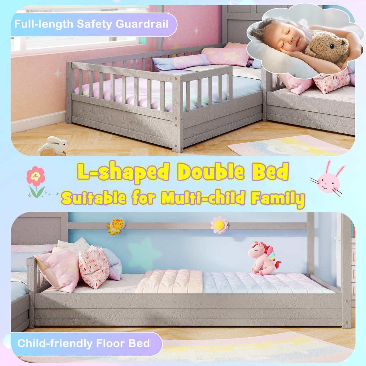 Goflame Double Twin Beds for Kids, House L-Shaped Platform Beds with Window & Fences