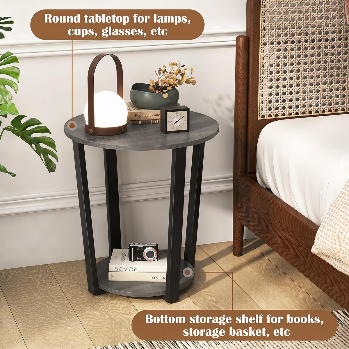 Goflame Round End Table with Open Storage Shelf and Metal Frame