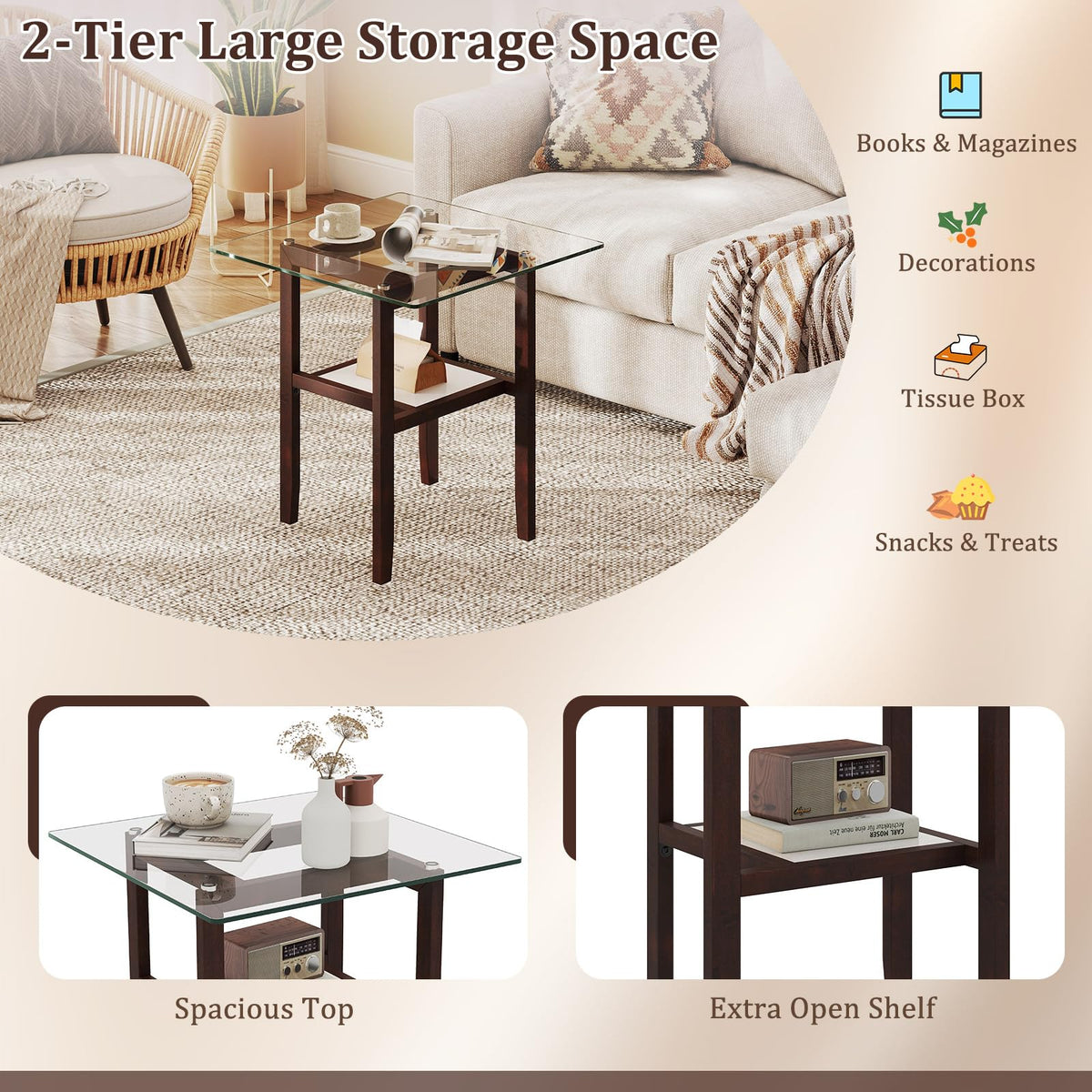 Goflame Small Coffee Table 24" Glass End Table