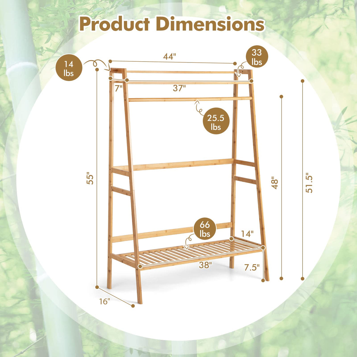 Goflame 3 Tier Bamboo Clothing Rack with Shelves, Heavy Duty Freestanding Clothes Organizer Rack with Coat Hooks