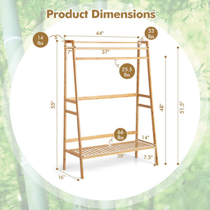 Goflame 3 Tier Bamboo Clothing Rack with Shelves, Heavy Duty Freestanding Clothes Organizer Rack with Coat Hooks