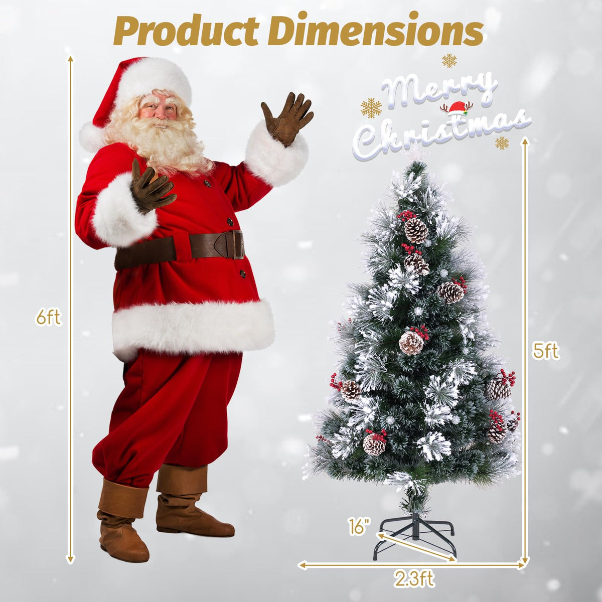 Goflame Pre-lit Fiber Optic Christmas Tree, Artificial Snowy Xmas Tree with 49 Cool White LED Lights