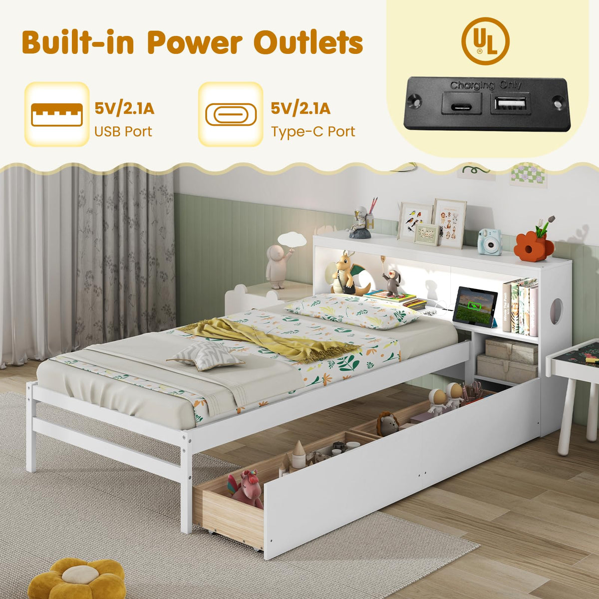 Goflame Wood Twin Bed Frame with Storage Drawer & Headboard, Modern Platform Bed with Charging Station & LED Light