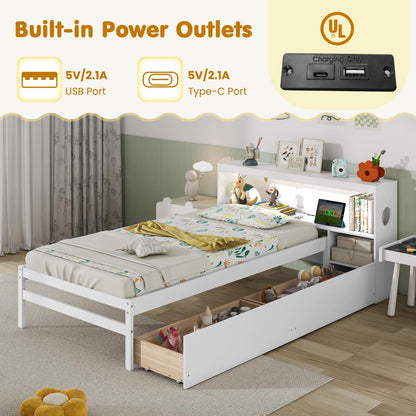 Goflame Wood Twin Bed Frame with Storage Drawer & Headboard, Modern Platform Bed with Charging Station & LED Light