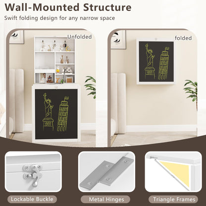 Goflame Foldable Wall Mounted Desk with Storage Shelves Hooks & Chalkboard