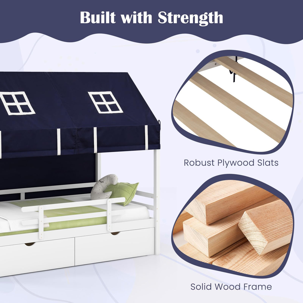 Goflame Twin House Bed with Tent, Wood Kids Bed with 2 Storage Drawers, Solid Wood Daybed Frame with Rails and Roof