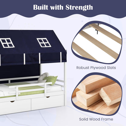 Goflame Twin House Bed with Tent, Wood Kids Bed with 2 Storage Drawers, Solid Wood Daybed Frame with Rails and Roof
