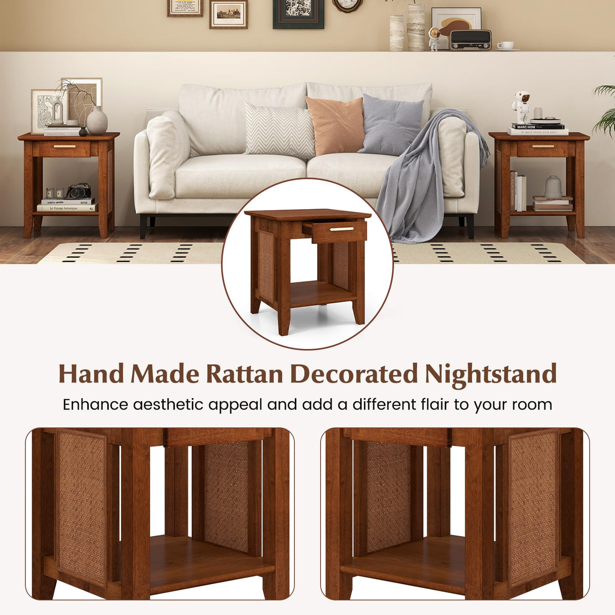 Goflame Rattan Nightstand with Drawer, Mid Century End Table with Storage Shelf, Sofa Side Table with Solid Rubber Wood Legs