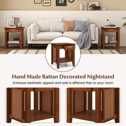 Goflame Rattan Nightstand with Drawer, Mid Century End Table with Storage Shelf, Sofa Side Table with Solid Rubber Wood Legs