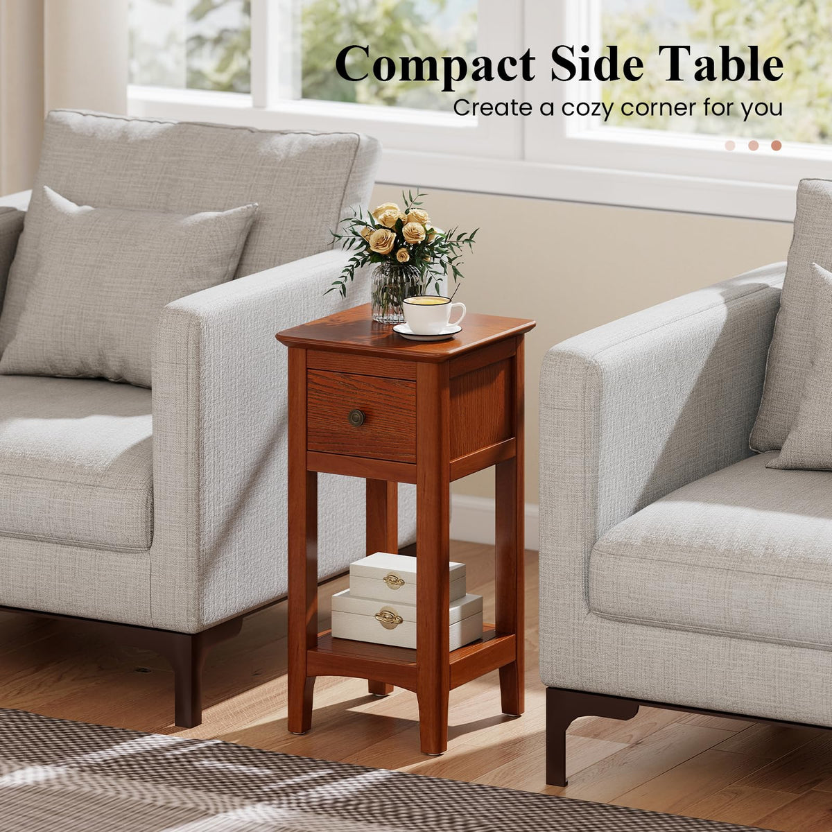 Goflame Narrow End Table with Drawer 23.5" H Side Table w/Open Storage Shelf & Solid Wood Frame