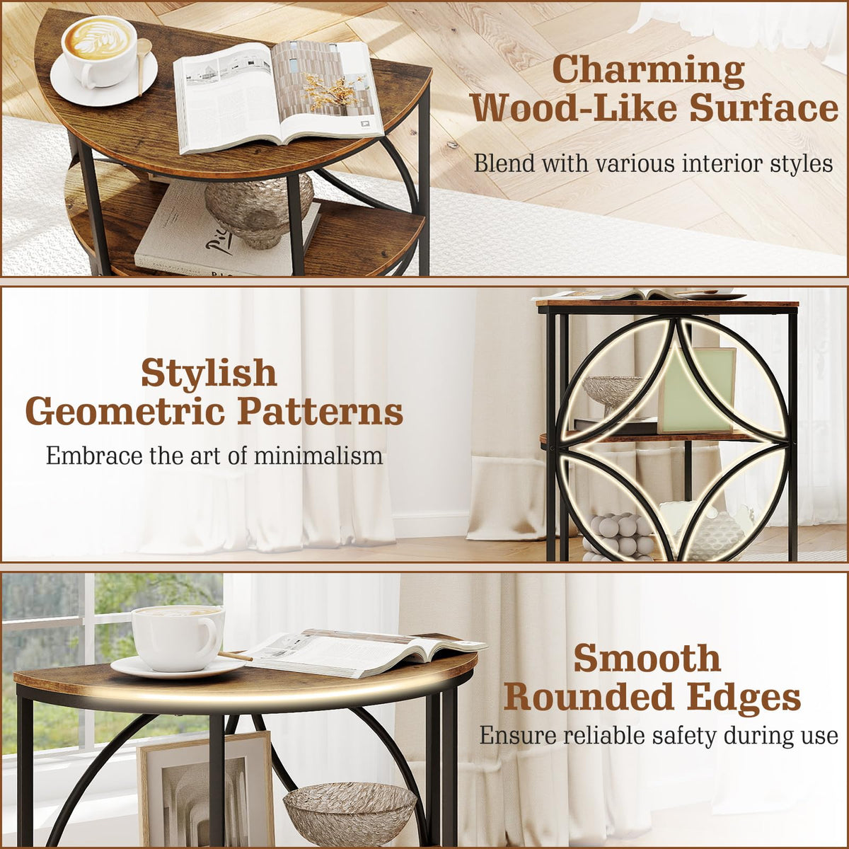 Goflame Half Round End Table 3-Tier Narrow Side Table(1/2)