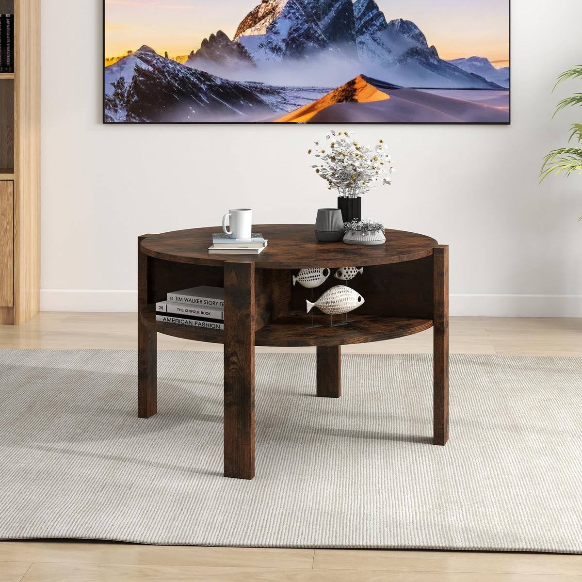 Goflame Round Coffee Table with Storage Shelves
