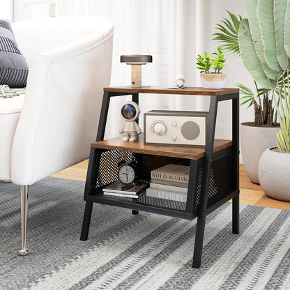Goflame Industrial Nightstand 3-Tier End Table with 2 Open Shelves and Metal Mesh Compartment