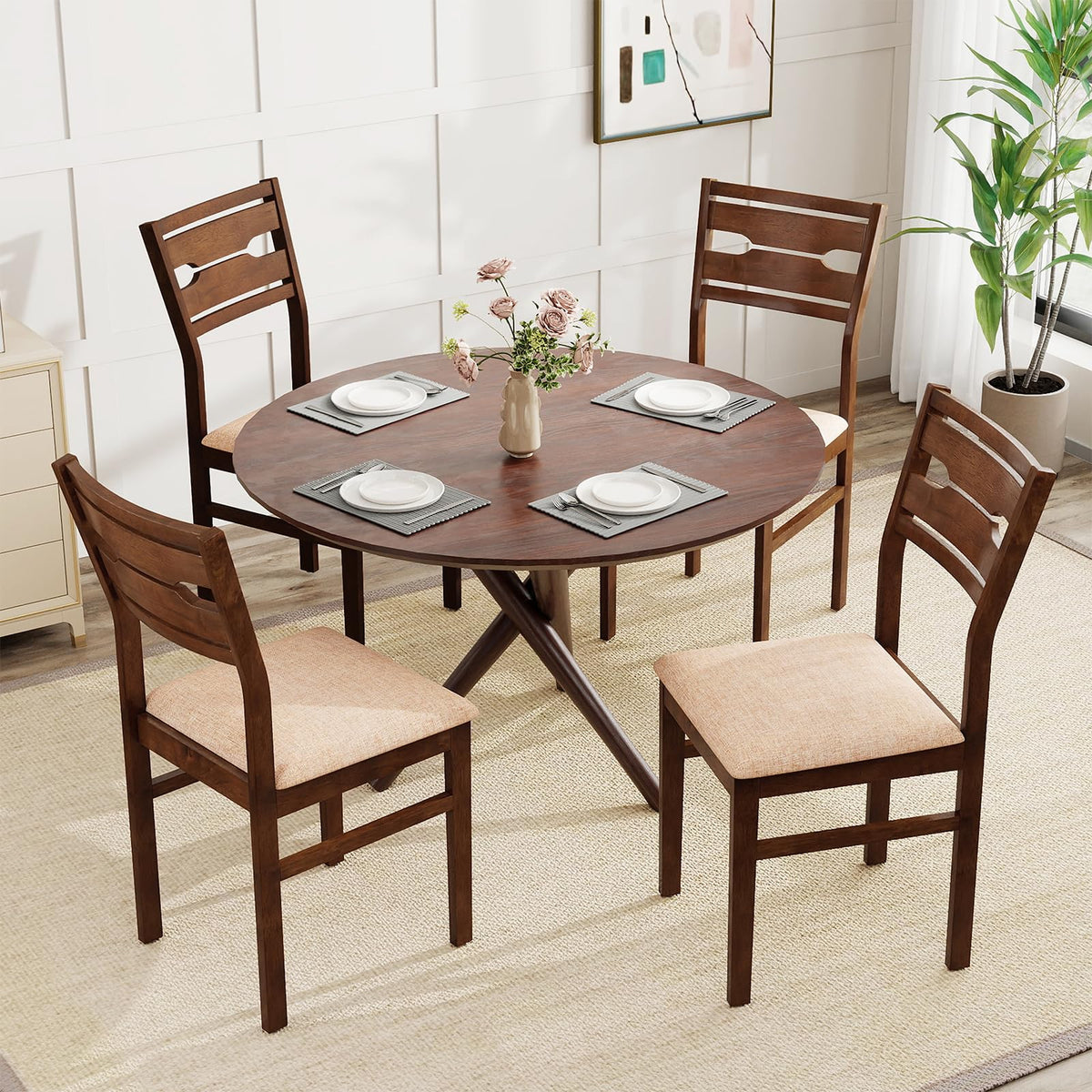 Goflame Wooden Dining Chairs Set of 2/4 Fabric Upholstered Kitchen Armless Chairs