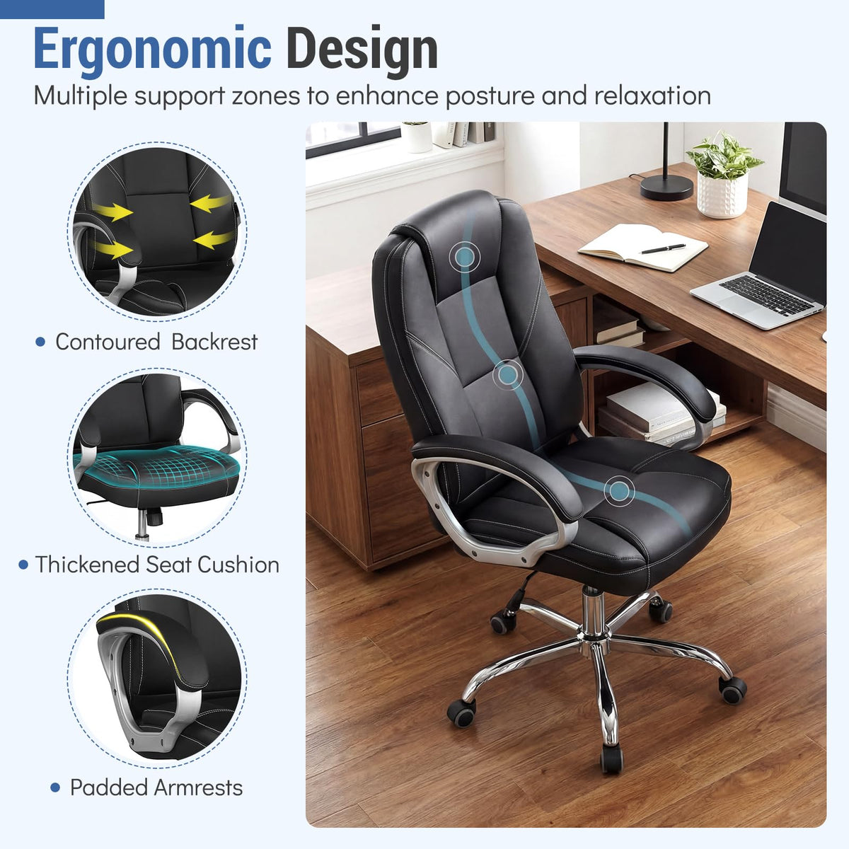 Goflame Leather Office Chair with Padded Armrests & Rocking Backrest