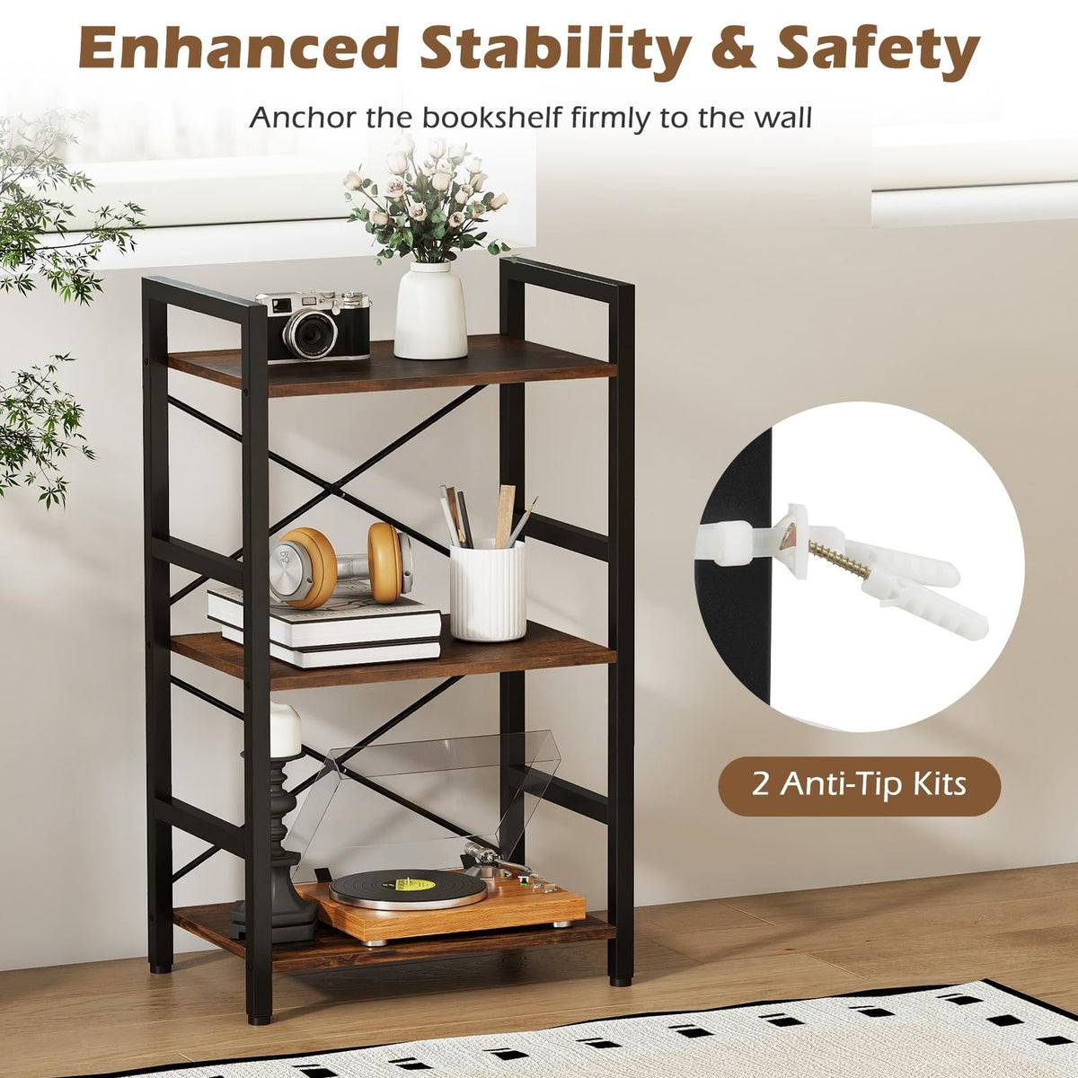 Goflame 3-Tier Bookshelf Narrow Freestanding Display Shelf with Metal Frame & Wooden Storage Racks