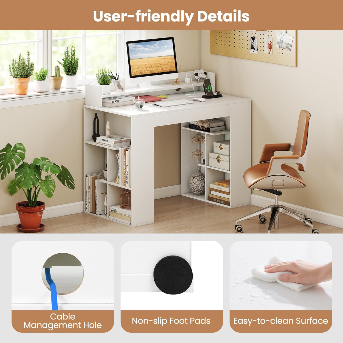 Goflame White Desk with Storage Shelves