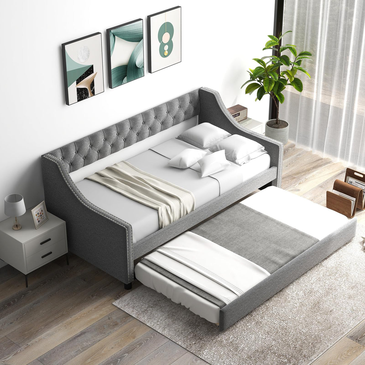 Goflame Upholstered Twin Daybed with Trundle