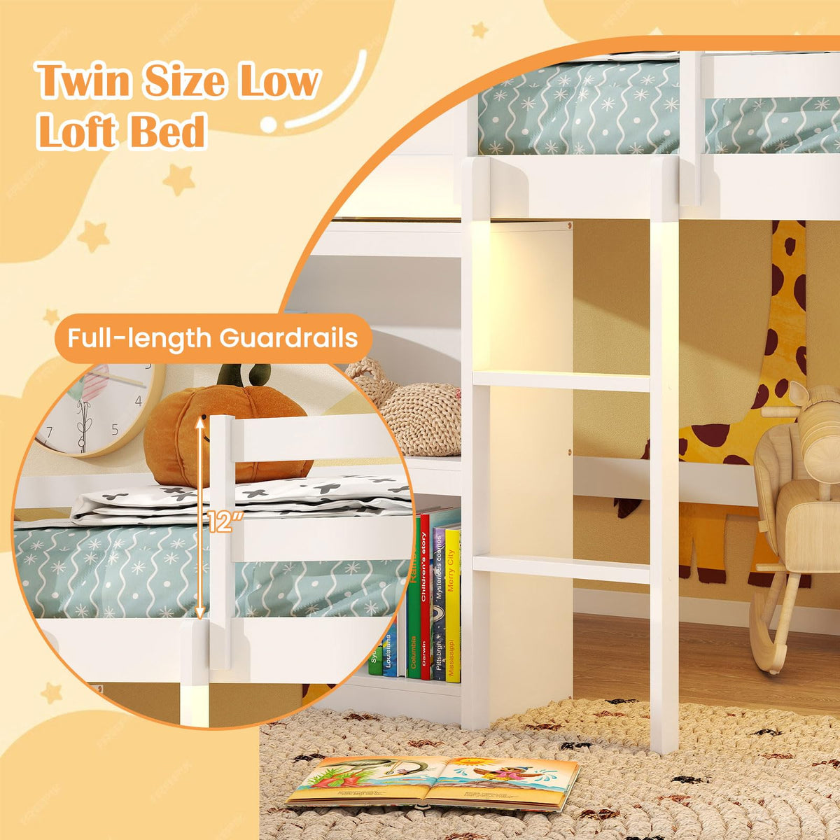 Goflame Twin Size Loft Bed with LED Lights Roof Window and Storage Bookshelf