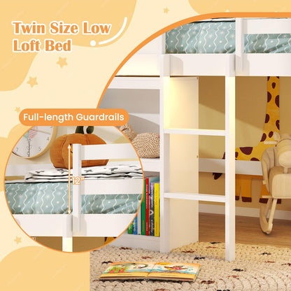 Goflame Twin Size Loft Bed with LED Lights Roof Window and Storage Bookshelf