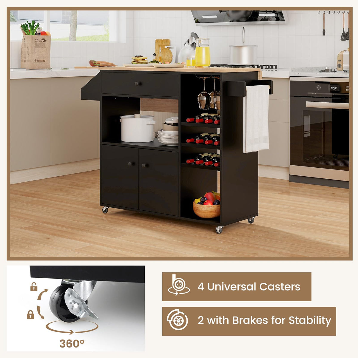 Goflame Rolling Kitchen Island Cart with Drop Leaf, Power Outlet, Spice Rack, 12 Wine Rack