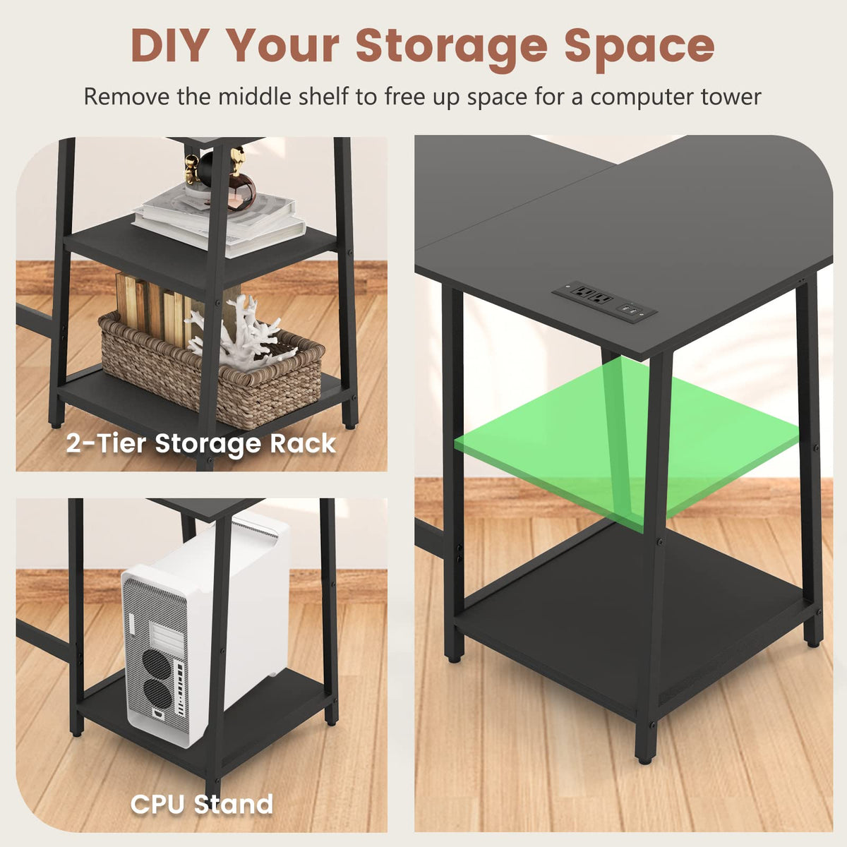 Goflame L Shaped Desk with Power Outlets & USB Ports, 48" Corner Gaming Desk with 2 Tier Storage Shelves
