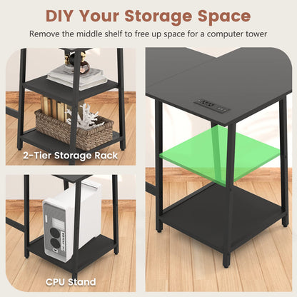 Goflame L Shaped Desk with Power Outlets & USB Ports, 48" Corner Gaming Desk with 2 Tier Storage Shelves