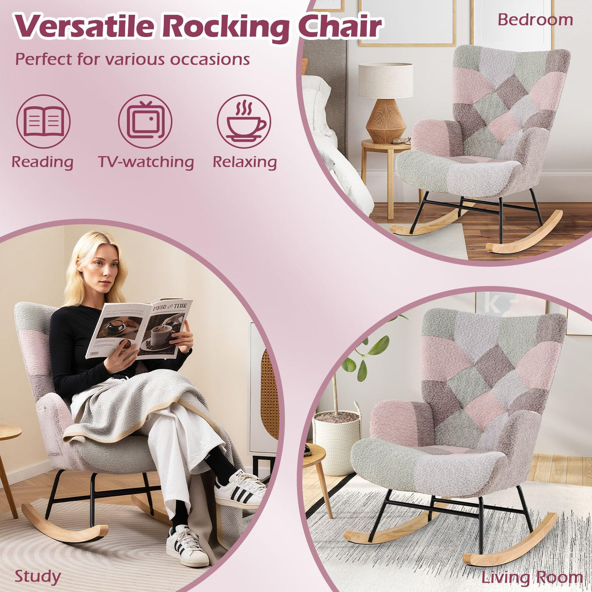 Goflame Rocking Chair Nursery Teddy Upholstered Glider Rocker w/Ergonomic High Backrest