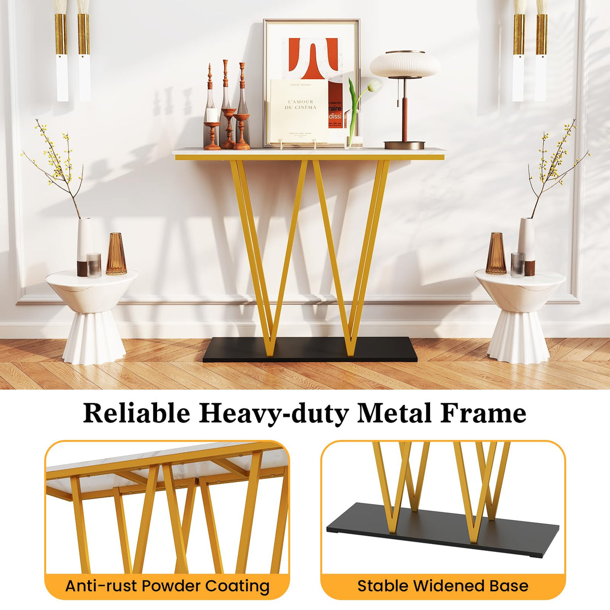 Goflame Gold Entryway Table 40 Inch Modern Console Table with Faux Marble Table and Metal Frame